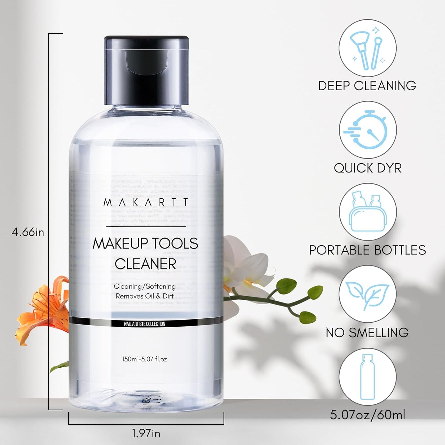 Makeup Brush Cleaner: Deep Cleaning Solution for Nail Brushes, Sponges, and Powder Puffs, Hypoallergenic Formula, Removes Residue from Cosmetic and Nail Art Tools, Cruelty-Free (5.07 Fl Oz)