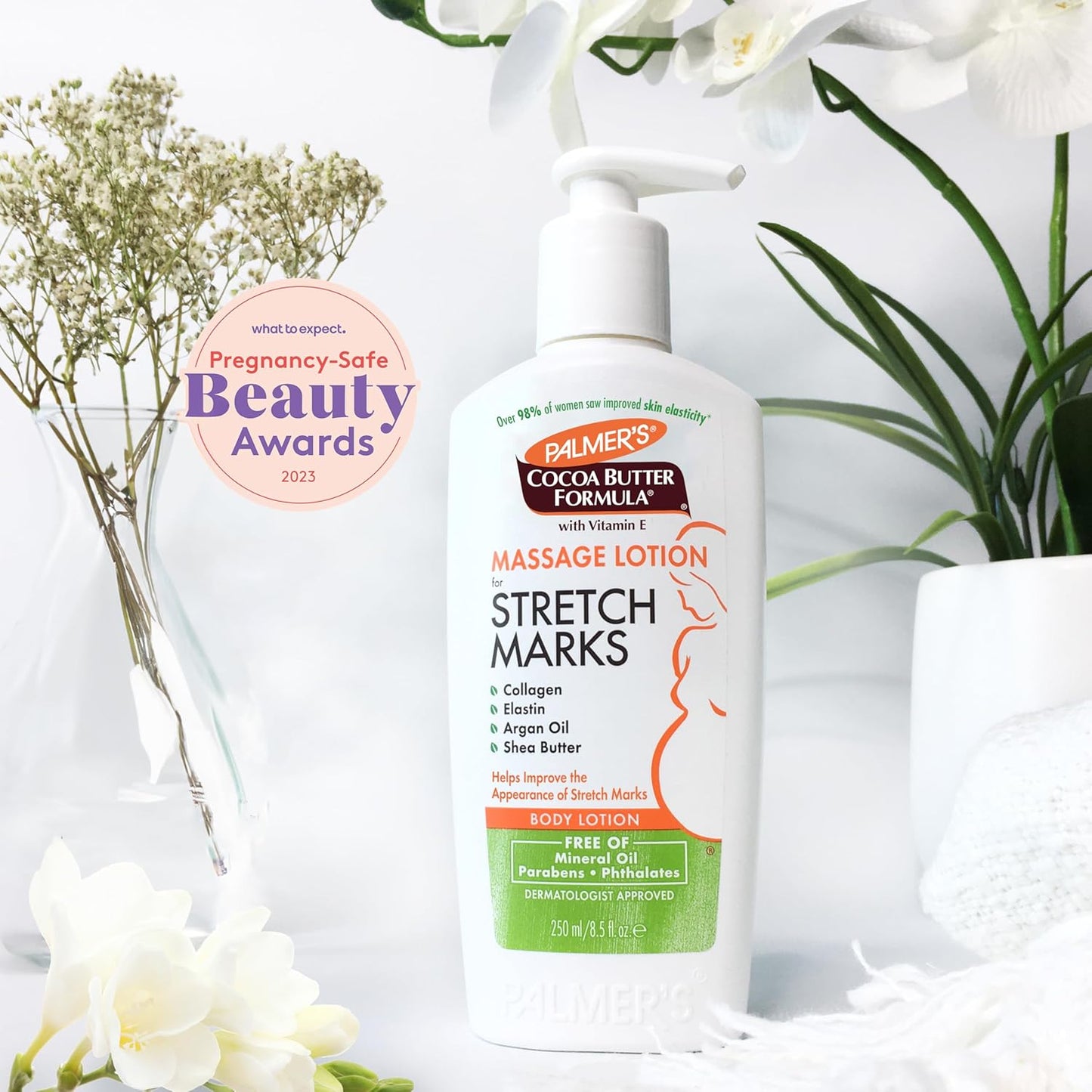 Cocoa Butter Formula Massage Lotion for Stretch Marks, Pregnancy Skin Care, Belly Cream with Collagen, Elastin, Argan Oil and Shea Butter, 8.5 Ounces
