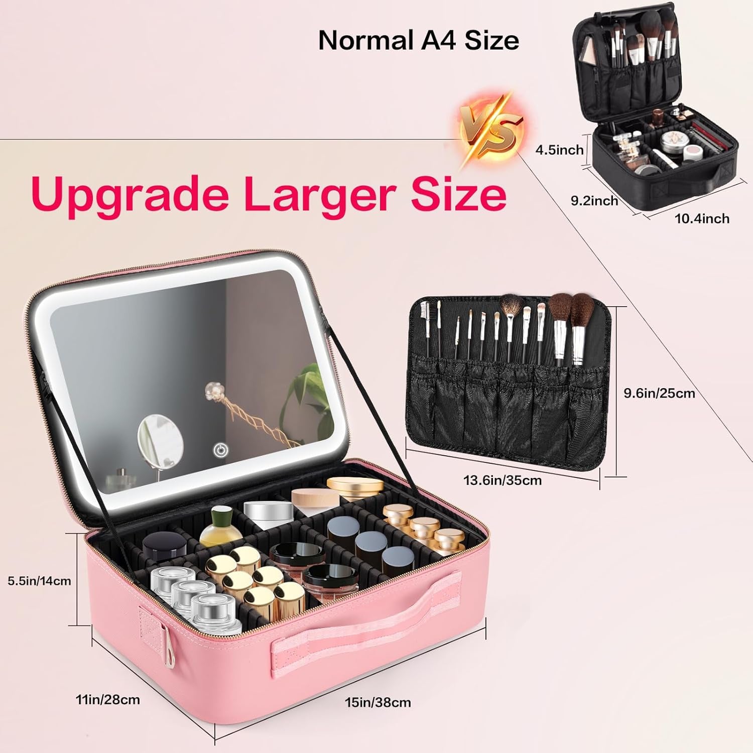 15''X11'' Large Capacity Makeup Bag with LED Mirror, Professional Makeup Case Organizer with 3 Color Light Adjustable Brightness, Travel Make up Cosmetic Case with Detachable Dividers & Shoulder Strap