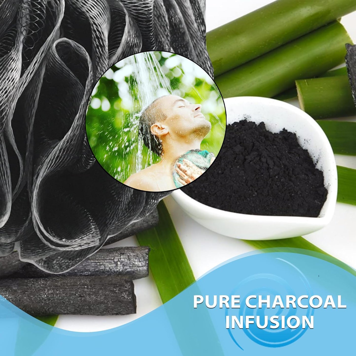 Loofah-Charcoal Bath-Sponge Xl-Color-4-Pack // Extra Large 75G Soft Mesh Black Luffa Loofa Loufa Puff Set/Exfoliating Body Scrubber for Women and Men - Exfoliate & Soothe Face & Body