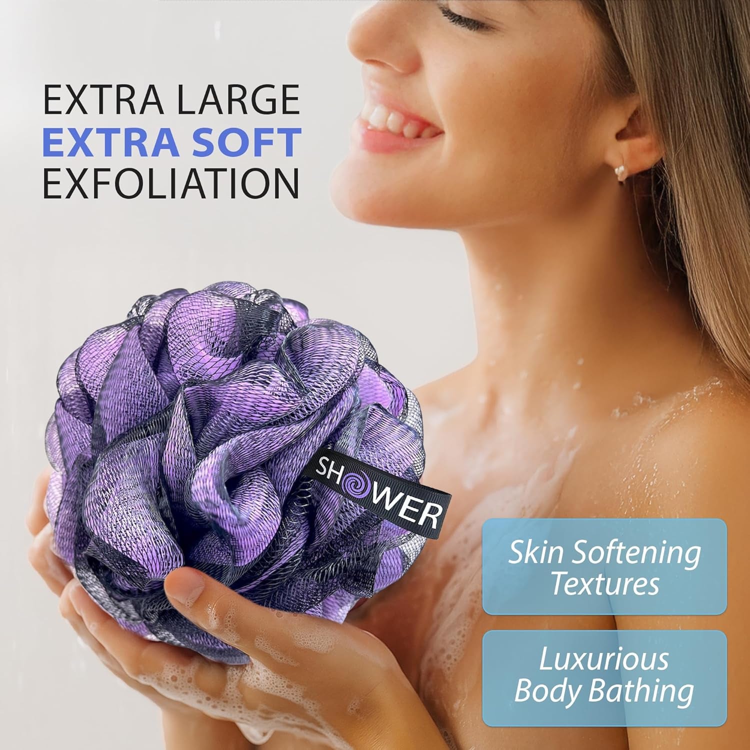 Loofah-Charcoal Bath-Sponge Xl-Color-4-Pack // Extra Large 75G Soft Mesh Black Luffa Loofa Loufa Puff Set/Exfoliating Body Scrubber for Women and Men - Exfoliate & Soothe Face & Body